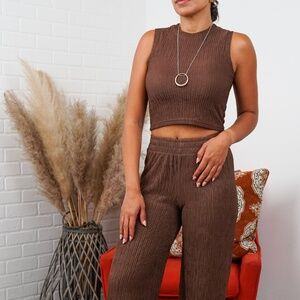 Lauren Crinkled Plisse Two Piece Set - Chestnut Brown